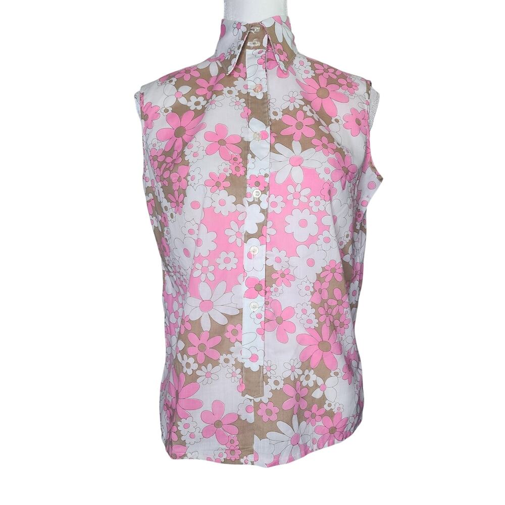 Vintage 60's 70's Pink Flower Power Sleeveless Button Up Shirt Size Small Med